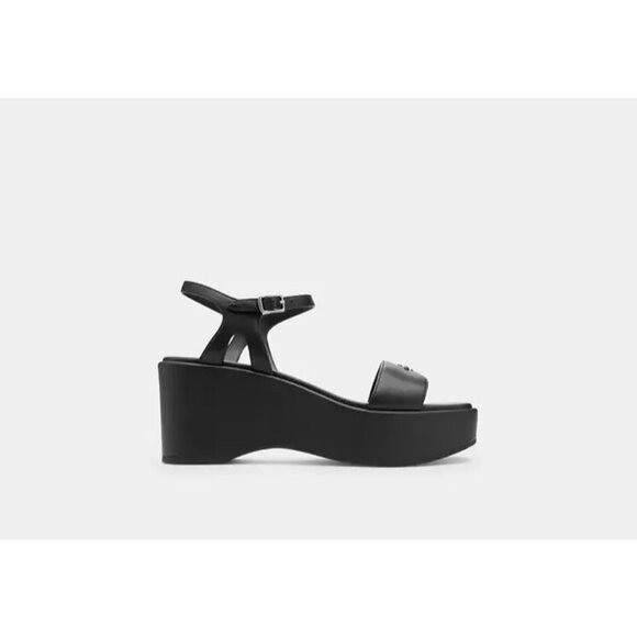 Coach Gale Wedge Platform Sandals Women’s 9.5 Black Leather Ankle Strap Logo - Picture 2 of 5